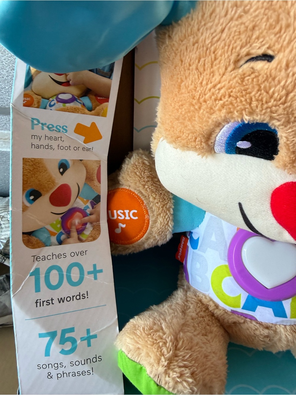 Fisher-Price Tan Puppy Plush with Blue Ears and Colorful ABC Heart - Picture 3 of 8